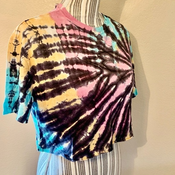 NWT Abound Crop Top Small Tie Dye Cotton Modal Black Teal Pink Yellow Stretch - Picture 4 of 14